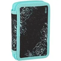 Spirit Federmäppchen SPIRIT Schüler Etui 28 teilig 2-Zipper Mäppchen FLOWERS Blumen türkis