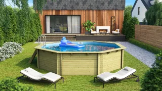 Karibu Achteckpool "PALERMO Set B BxLxH: 547x547x124 cm" 38 mm starke kesseldruckimprägnierte Holzbohlen aus Fichtenholz