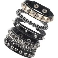nsihing Armband 4/6-teiliges Punk-Armband-Set für Herren, Schwarzes Lederarmband, Gothic geflochtener Armreif