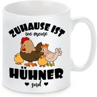 Herzbotschaft Tasse Kaffeebecher mit Motiv Zuhause ist wo meine Hühner sind, Keramik, Kaffeetasse spülmaschinenfest und mikrowellengeeignet