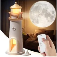 QUBEBU LED Nachtlicht LED Leuchtturm Lampe Mondlicht Projektor Akku Nachtlicht für Kinder, LED fest integriert, Kabellos Nachttischlampe Tischlampe, Leuchtfeuer mit Fernbedienung, Wiederaufladbar Lighthouse Lampe für Geburtstag Valentinstag
