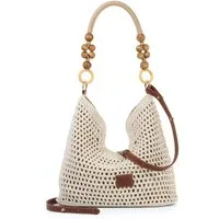 MOPUEA Strandtasche Damen Boho Straw Beach Bag Gehäkelte Baumwoll-Strick -Tragetasche (Schultertasche, Umhängetasche, Sommer, Strand, 1-tlg., Casual Groß Häkeltasche mit Leder Riemen für Urlaub Stadt Reisen), Tragegriff oben für Reisen, Einkaufen