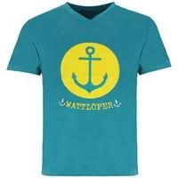Wattlöper T-Shirt 11371 Herren Kurzarm-Shirt Anker-Prägedruck Kreis-Print & Schriftzug Sommershirt & Freizeitshirt mit V-Ausschnitt - hochwertige Details