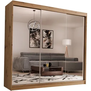 Beautysofa Schwebetürenschrank, Eiche Artisan, Holzwerkstoff, 12 Fächer, 4 Schubladen, 240x216x61 cm, Schlafzimmer, Kleiderschränke, Schwebetürenschränke