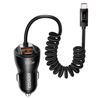 ESSAGER ES-CC29 108W 3-Port USB PD Car Charger Adapter USB-A+Type-C+Type-C Cable Support PD3.0 QC2.0/3.0/4.0 PPS SCP FCP