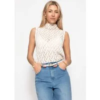 SASSYCLASSY T-Shirt Spitzen-Top mit Stehkragen für Damen Leicht transparentes Top mit floralem Muster Schwarz Offwhite