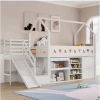 Flieks Hochbett Kinderbett Etagenbett mit Schränke, Rutsche und Treppe 90x200cm