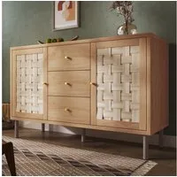 Flieks Kommode Sideboard mit 3 Schubladen und 2 gewebte Türen in Landhausstil (120x40x75 cm, 1 St., Schrank für Wohnzimmer, Flur, Esszimmer, Schlafzimmer), Mehrzweckschrank mit höhenverstellbare Einlegeböden Eicheholzfarbe