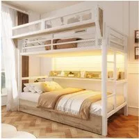 Flieks Etagenbett, Metallbett 90x200cm mit Schubladen LED-Beleuchtung Aufbewahrungskorb