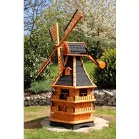 Holzdekoladen Deko-Windrad XXL Gartenwindmühle Holz 150 cm – 3-stöckig mit Gauben & Solarlicht