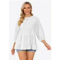 Imily Bela Blusenshirt Damen 3/4-Ärmel Puffärmel Rundhals Loose Top Babydoll (Packung, 1-tlg., 1per-Pack) aus Baumwolle in Unifarbe