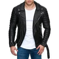 Reichstadt Lederjacke Herren Slim Fit Kunstleder Jacke Silver Zipper RS001PU Black M im Bikerstyle mit Silver Zippern