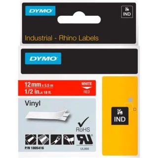 Dymo Rhino Band IND, Vinyl 12 mm x 5,5 m weiß auf rot