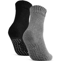 sockenkauf24 ABS-Socken Antirutschsocken warme Stoppersocken mit Wolle Vollfrottee (Schwarz/Anthrazit, 2-Paar, 47-50) mit Komfortbund für Damen & Herren - 21463