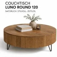 Beauty.Scouts Couchtisch Couchtisch Luno Round Ø120 cm aus Mangoholz mit Metallgestell, Massives Mangoholz mit moderner geriffelter Seitenstruktur