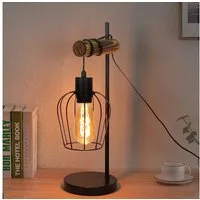 Nettlife Tischleuchte Vintage Industrie Metall Holz Schwarz E27 50cm Retro Nachttischleuchte, mit Kippschalter, LED wechselbar, ohne Leuchtmittel, Wohnzimmer Schlafzimmer Kinderzimmer Esszimmer