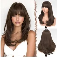 LuxusKollektion Kunsthaarperücke Perücke Damen Lang Pony Kunsthaar 45cm Party Braun mit Highlights