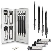 MozArt Supplies Druckbleistift 4er Set Skizzierstifte Schwarz Minen 0,3 – 0,9mm Bleistift, mit Radiergummis, Ersatzminen & Etui