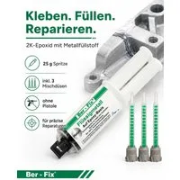 Ber-Fix 2-Komponentenkleber Ber-Fix® Flüssigmetall 25g + 5 Extra Düsen, (6-tlg), metallgefüllt, spaltfüllend, hitzebeständig bis 120 °C