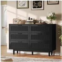 Furnishings Home Kommode sideboard mit 6 Schubladen Rattan-Design 115 cm breit Holz Schrank (1 St., Vintage Schubladenkommode Sideboard aus Holz, mit Metallgriffe), geeignet für Schlafzimmer, Wohnzimmer, Arbeitszimmer, Büro