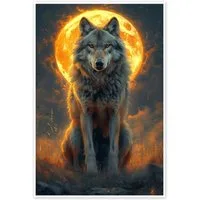 Posterlounge Wandbild Majestätischer Wolf unter einem feurigen Mond, Michael artefacti, erhältlich als Poster, Leinwandbild, Wandsticker oder Acrylglasbild