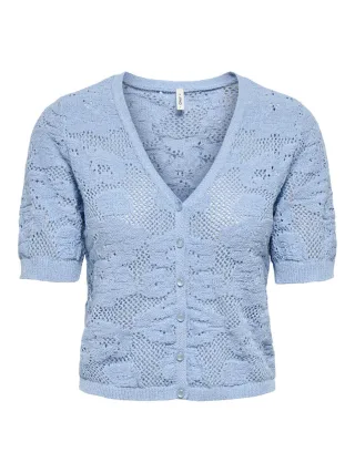 ONLY - Kurzärmelige Strickjacke mit V-Ausschnitt und Lochmuster blau - Gr. - XS