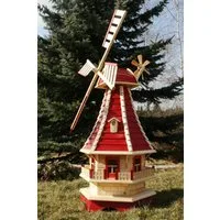 Holzdekoladen Deko-Windrad 6-eckige Gartenwindmühle Holz 130 cm – mit Gauben & Solarlicht