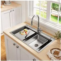 Flieks Edelstahlspüle Küchenspüle Waschbecken mit Schneidebrett, Siebkorb und Abflusszubehör, rechteckig, 75/45 cm, flächenbündiger Einbau, PVD-beschichtete Einbauspüle Spülebecken aus Edelstahl
