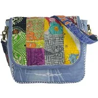 Sunsa Umhängetasche Upcycling Messenger Tasche Recycling Sari & Jeansstoff Jeanstasche, verstell- und abnehmbarer Schultergurt, recycelter Sari & Jeansstoff