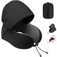 SURFOU Reisekissen Nackenkissen Flugzeug U-Form Nackenhörnchen Memory Foam mit Haube, Abnehmbarer, maschinenwaschbarer Kissenbezug, Verstellbare Kordel, Faltbares U-förmiges für optimale Nackenanpassung, Große Kapuze für effektiven Lichtschutz, mit A
