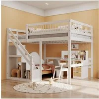 Merax Hochbett (Jugendbett mit Rausfallschutz und Lattenrost, 1-St) Etagenbett 140x200cm mit Treppe und Stauraum, Kiefernholz Kinderbett