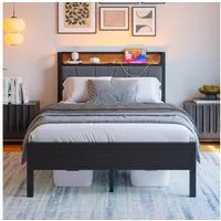 BlingBin Metallbett Jugendbett Metallgestell Holzbett mit LED-Lichtern und USB-Ladestation (1er Set, 1-tlg., 120x200cm, Ohne Matratze, Tragfähigkeit: 200KG), Heavy Duty Metalllamellen Unterstützungsplattform, Einfache Montage