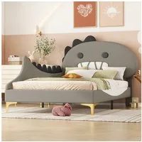 Flieks Polsterbett, Kinderbett 90x200cm mit Cartoon Dinosaurier Form Kopfteil Kunstleder
