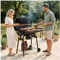 TLGREEN Holzkohlegrill BBQ Smoker mit Schornstein & Thermometer, Gartengrill mit abnehmbarem Aschekasten, klappbaren Ablagen und Rädern, Grillwagen, Holzkohle Grill für Garten, Terrasse, Camping, Grillpartys für 6–8 Personen