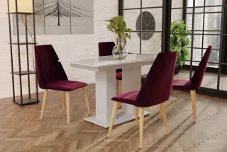 Essgruppe Weiss HGL-Tisch mit 4 Bordeauxrot CAROS Stühlen für Esszimmer oder ...