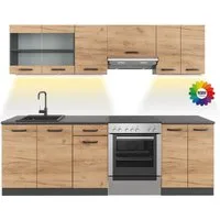 Vicco Küchenzeile R-Line, Goldkraft Eiche/Anthrazit, 240 cm, AP Schwarz gemustert mit...