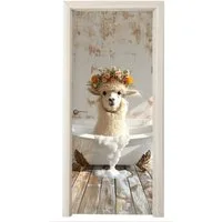 MuchoWow Türtapete Vintage - Alpaka - Badewanne - Blumen - Tiere, Matt, bedruckt, (1 St), Selbstklebende Tapete, Folie für Möbel, 70x215 cm