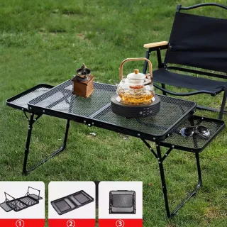 Xmund Outdoor Folding Table with Two Wings, Camping Table with a Mesh Surface, Portable Adjustable Height Barbecue Table