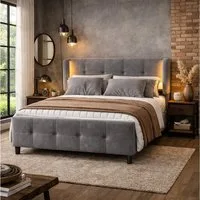 OKWISH Polsterbett Stauraumbett Funktionsbett Doppelbett Gästebett, Schlafzimmer-Set (mit 16-farbiger LED-Leisten an den Seitenohren, Gesteppte Kopf- und Fußteil, Bettkopf in drei Höhen verstellbar), Samt 140x200 cm,Ohne Matratze