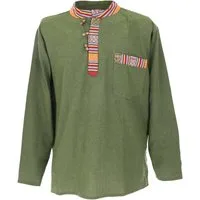 Guru-Shop Hemd & Shirt Nepal Ethno Fischerhemd, Goa Hemd - olive Hippie, Ethno Style, alternative Bekleidung