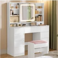VASAGLE Schminktisch mit Spiegel und LED-Leuchten, Steckdosenleiste (1 Tisch mit 1 Hocker), 10x Vergrößerungsspiegel, 3 Lichtfarben, werkzeuglose Gleitschienen