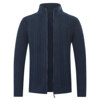 Herren Strickjacke mit Reißverschluss Cardigan Grobstrick mit Stehkragen Blau