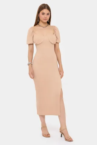 Herzen-Ausschnitt Puffärmel Midi-Kleid mit Schlitzen an der Seite