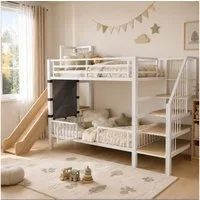 Flieks Etagenbett, Metallbett Kinderbett 90×200cm mit Schutzgitter, Rutsche und Treppe