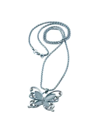 Steuer Modeschmuck Anhänger mit Kette Metall Schmetterling gebürstet Katzenauge syn. weiß