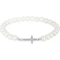 Elli Perlenarmband Perlen Kreuz Glas Kristalle Weiß 925 Sterling Silber, Kreuz
