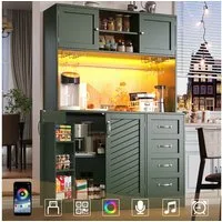Flieks Küchenbuffet mit LED-Beleuchtung, Gläserhalter, Schubladen und Türablagen (1-St., B120/T40/H188 cm) Hochschrank Küchenschrank Geschirrschrank mit Arbeitsplatte Grün