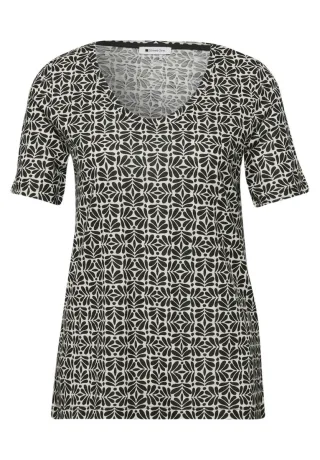 Street One - T-Shirt mit V-Ausschnitt und Minimalmuster blau - Gr. - 34