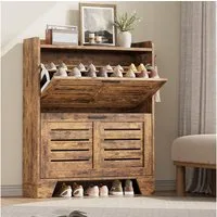 GarveeMore Schuhschrank 2 Klappschubladen und Haken,Schuhkipper,Schuhkommode schmaler Schuhschrank für Foyer,Flur,Garage,rustikales Braun