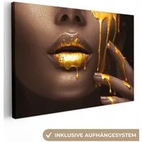 OneMillionCanvasses® Leinwandbild Gold - Frau - Farbe - Lippen - Luxus, Fotodruck (1 St), Leinwand Bilder Klein, Wand Dekoration Aesthetic 30x20 cm